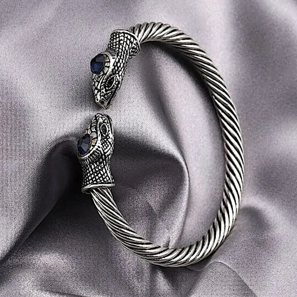 STERLING SILVER PLATED SNAKE HEAD DRAGON VIKING SAPPHIRE STONE BANGLE BRACELET